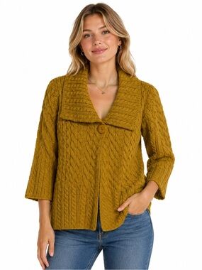 Inis Crafts 100% Wool Cable Knit Cardigan Mustard Sweater Made in Ireland Small
